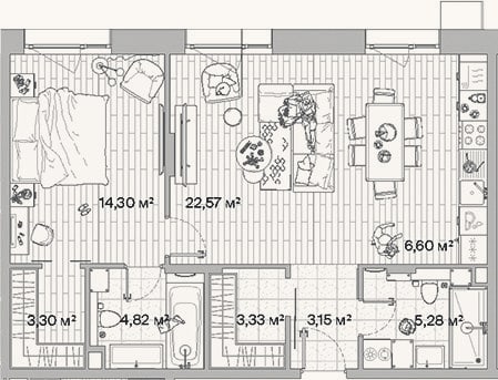Планировка: 2-к, 63,4 м²
