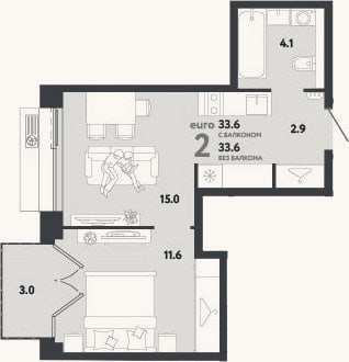 Планировка: 2-к, 33,6 м²