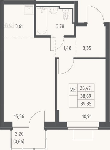 Планировка: 2-к, 38,7 м²