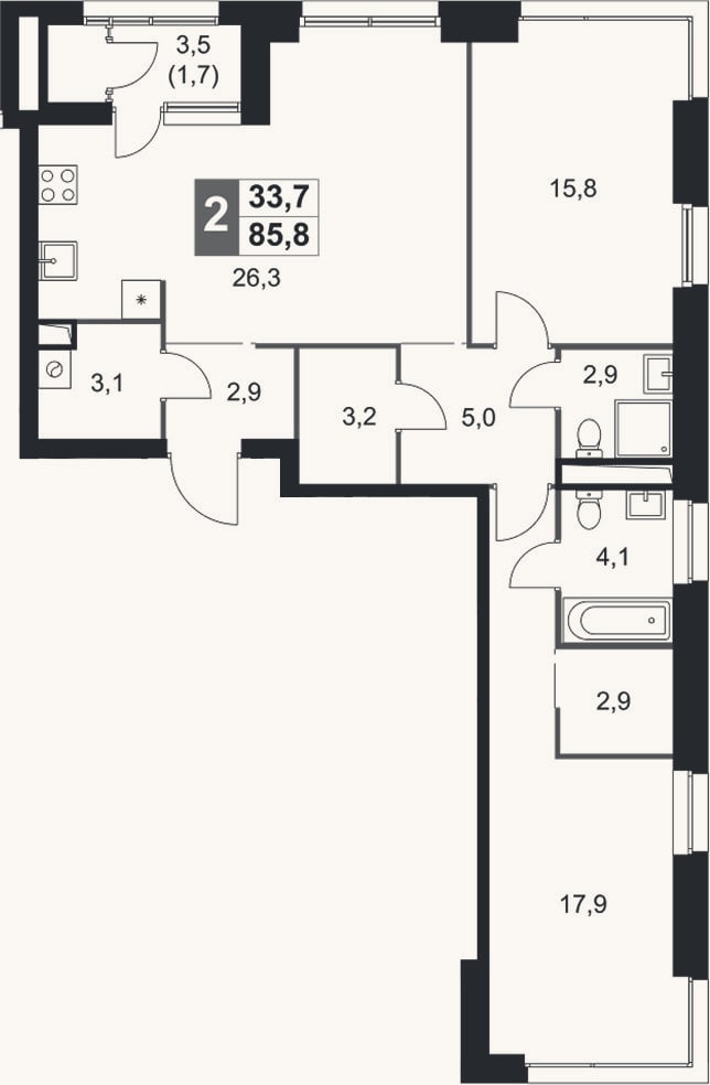 Планировка: 3-к, 84,1 м²