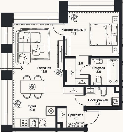 Планировка: 2-к, 49,4 м²