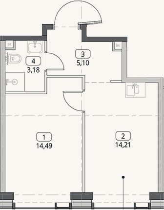 Планировка: 1-к, 37 м²