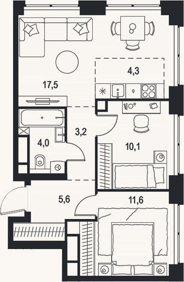 Планировка: 3-к, 56,3 м²
