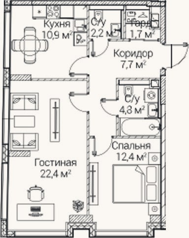 Планировка: 2-к, 62,1 м²