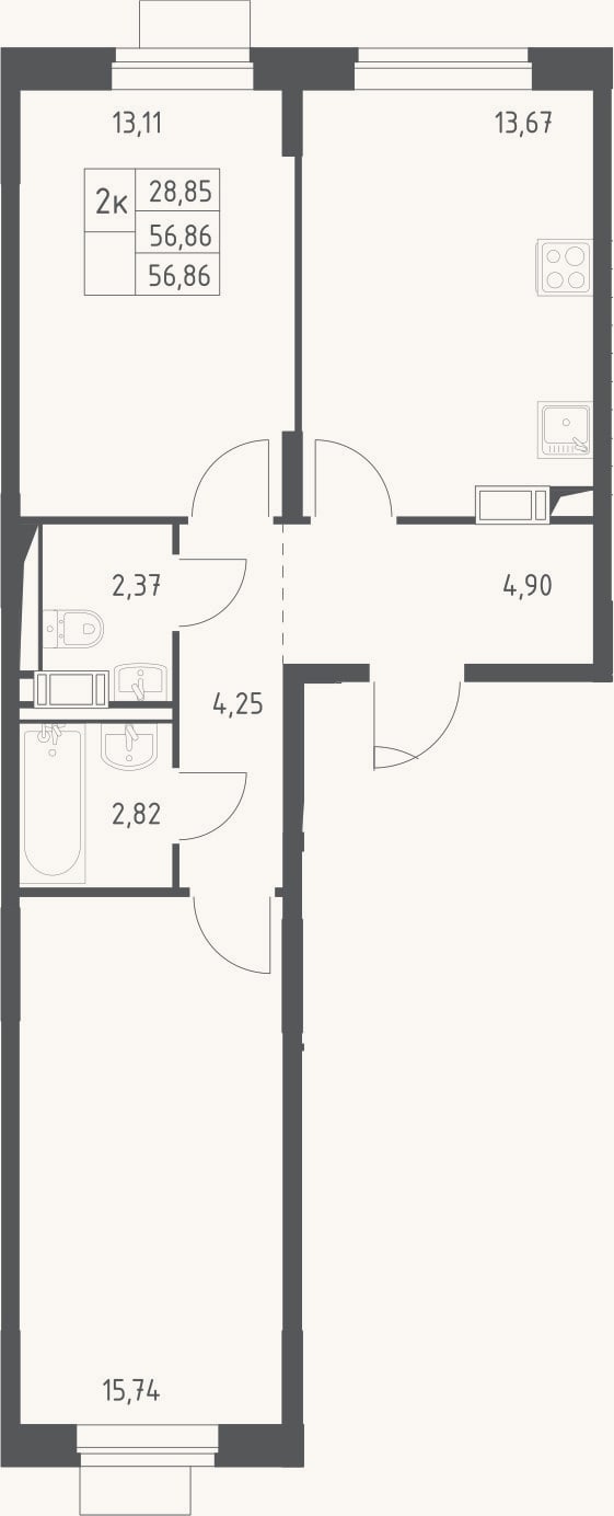 Планировка: 2-к, 56,9 м²