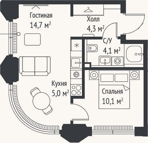 Планировка: 2-к, 38,2 м²