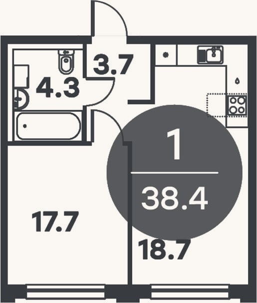 Планировка: 1-к, 38,4 м²