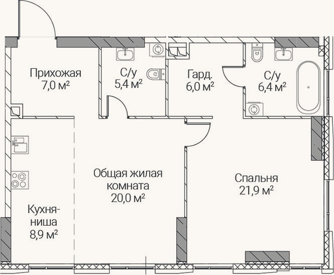 Планировка: 2-к, 75,6 м²