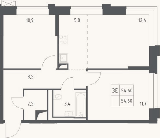 Планировка: 3-к, 54,6 м²