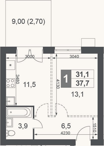 Планировка: Студия, 35 м²
