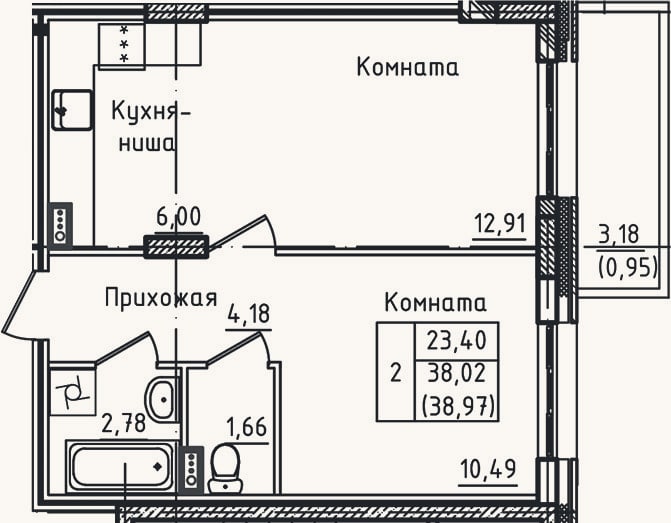 Планировка: 2-к, 38 м²