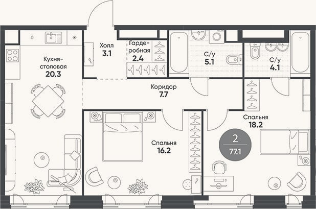 Планировка: 3-к, 77,1 м²