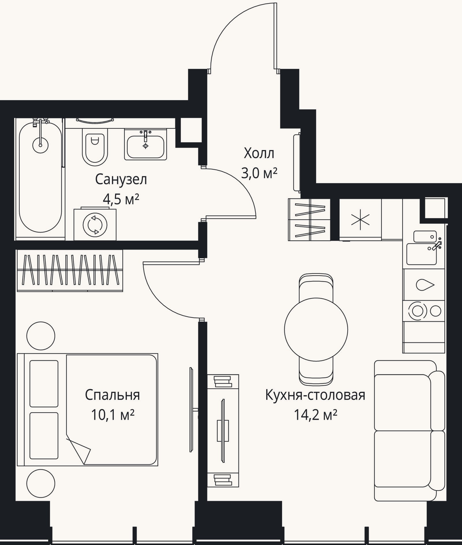 Планировка: 2-к, 31,8 м²
