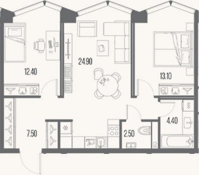 Планировка: 2-к, 64,8 м²