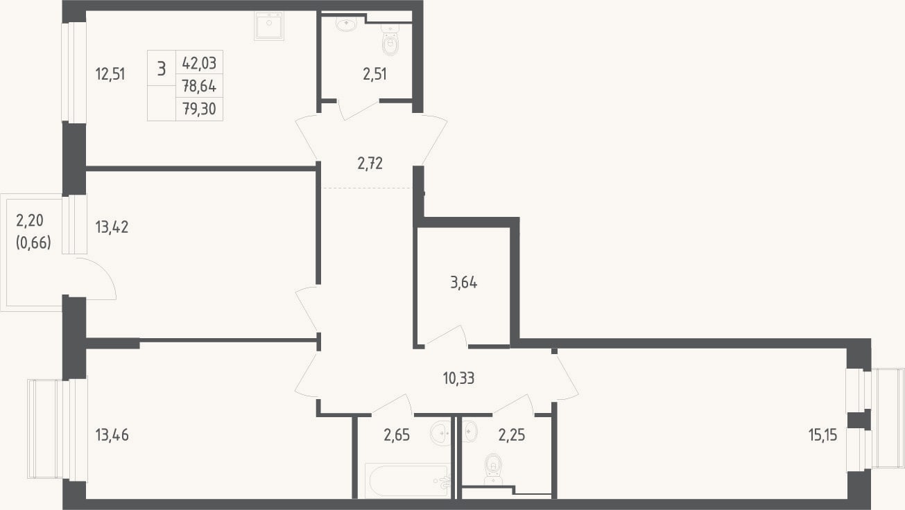 Планировка: 3-к, 78,6 м²