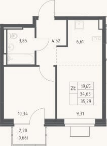 Планировка: 2-к, 34,6 м²