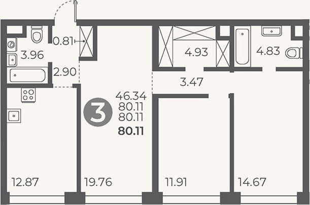 Планировка: 3-к, 80,1 м²