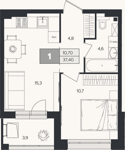 Планировка: 1-к, 35,5 м²