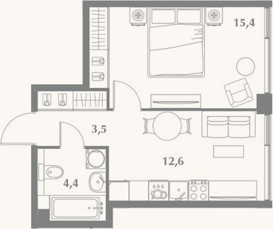 Планировка: 1-к, 35,9 м²