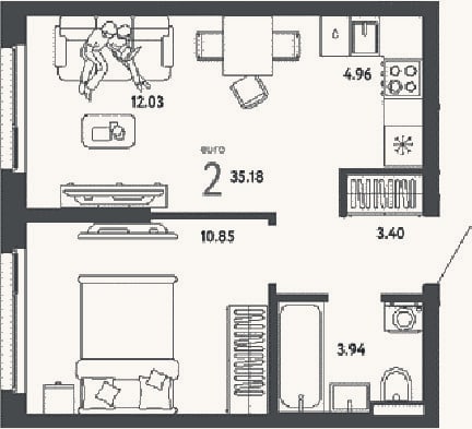 Планировка: 2-к, 35,2 м²