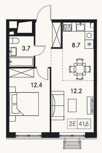 Планировка: 2-к, 41,6 м²