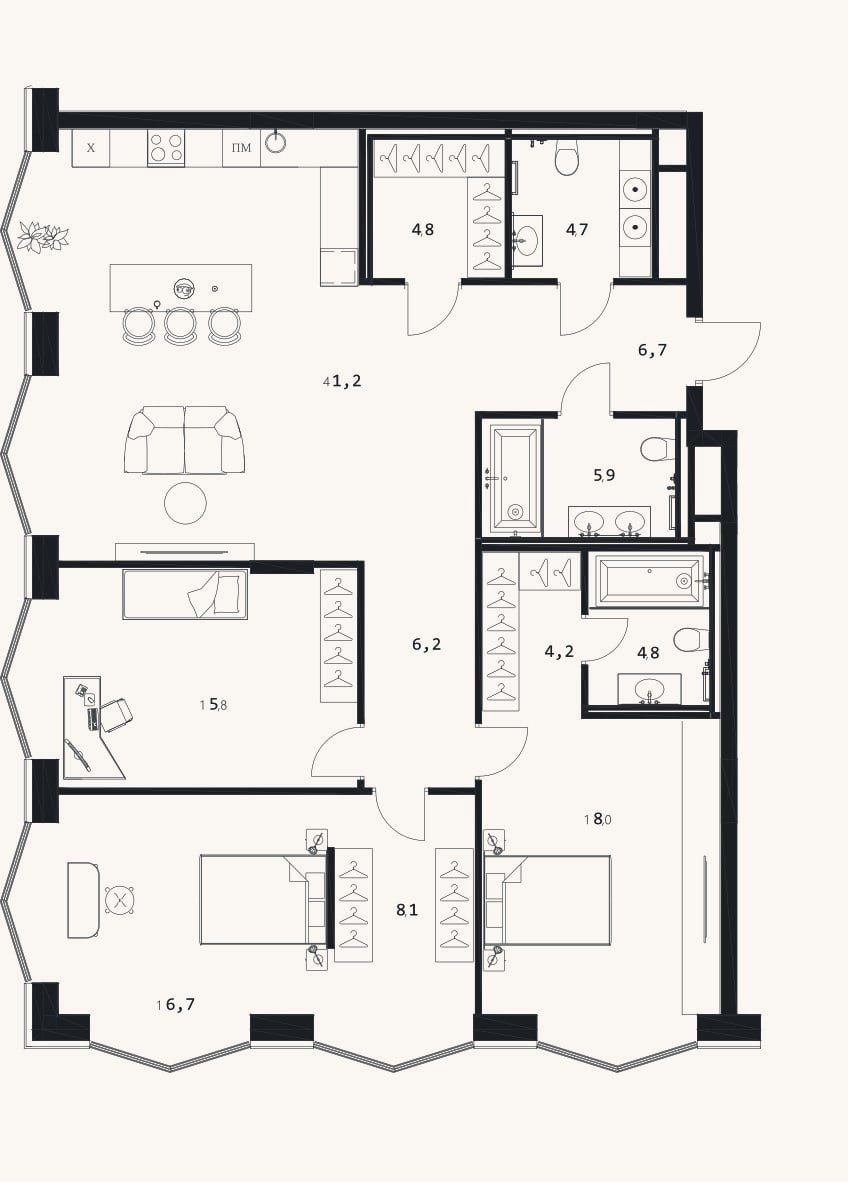 Планировка: 4+ к, 137,1 м²