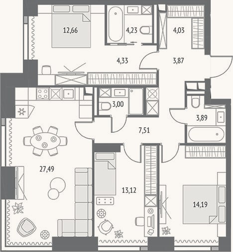 Планировка: 4+ к, 98,3 м²