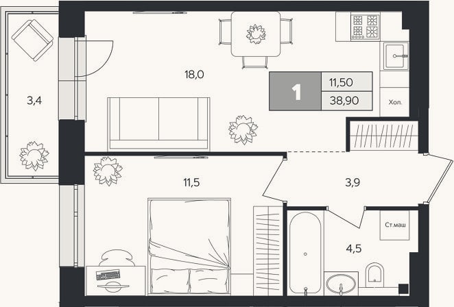 Планировка: 1-к, 37,9 м²