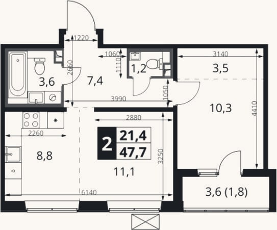Планировка: 2-к, 45,9 м²
