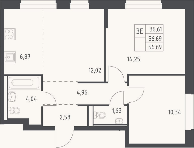 Планировка: 3-к, 56,7 м²