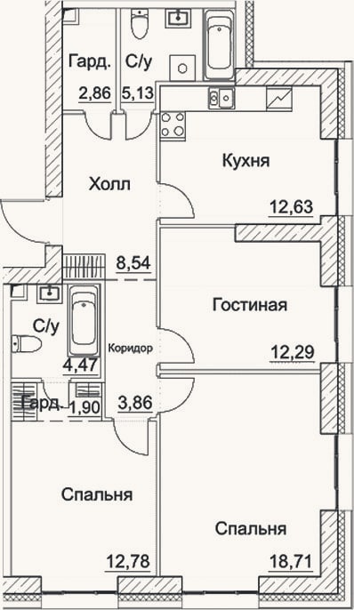 Планировка: 3-к, 83,2 м²