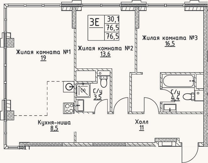Планировка: 3-к, 76,5 м²