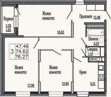 Планировка: 3-к, 77 м²