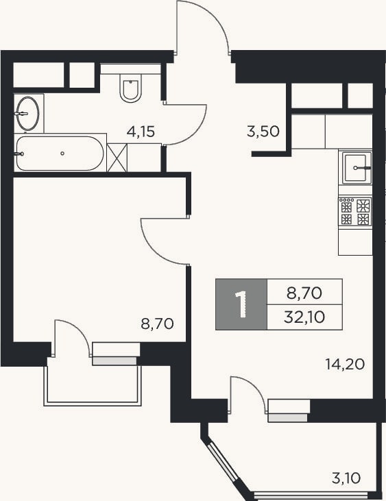 Планировка: 1-к, 30,6 м²