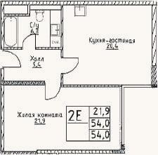 Планировка: 2-к, 54 м²