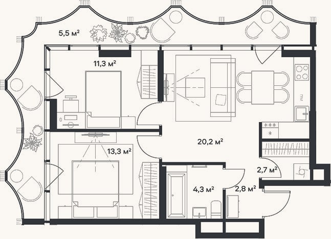 Планировка: 3-к, 54,6 м²