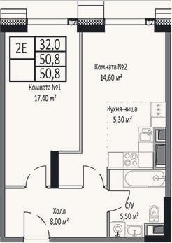 Планировка: 2-к, 50,8 м²