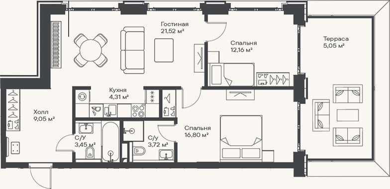Планировка: 3-к, 71 м²