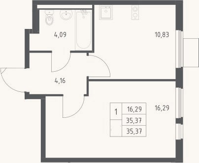 Планировка: 1-к, 35,4 м²