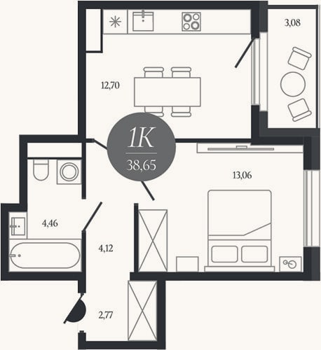 Планировка: 1-к, 37,1 м²
