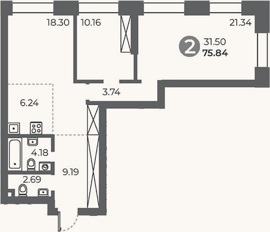 Планировка: 2-к, 75,8 м²