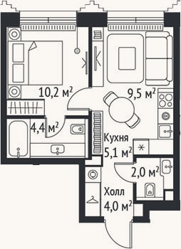 Планировка: 2-к, 35,2 м²