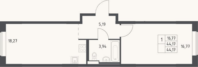 Планировка: 2-к, 44,2 м²