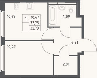 Планировка: 1-к, 32,7 м²