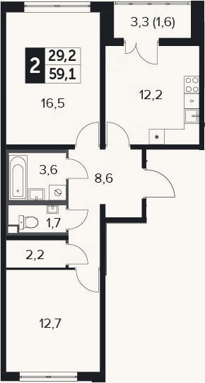 Планировка: 2-к, 58,9 м²