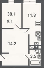 Планировка: 1-к, 38,1 м²