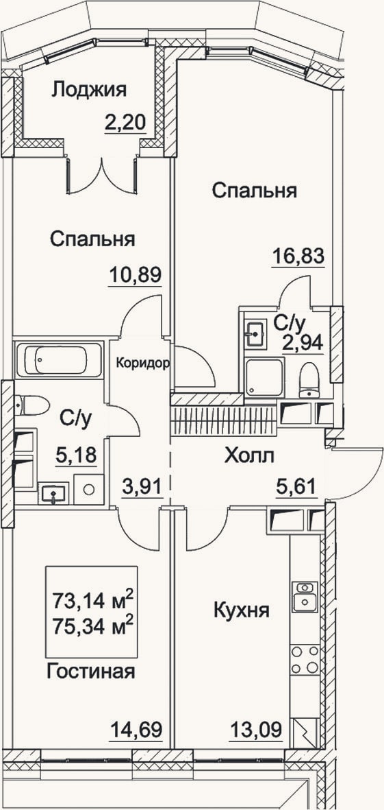 Планировка: 3-к, 73,1 м²