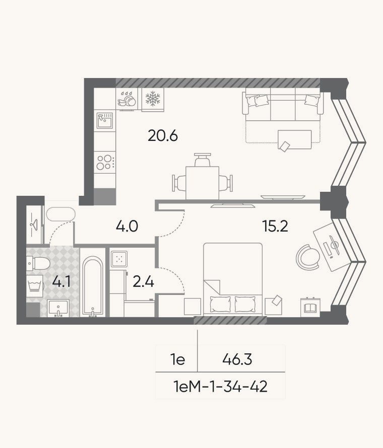 Планировка: 2-к, 46,3 м²