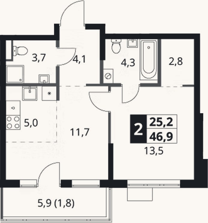 Планировка: 2-к, 45,1 м²