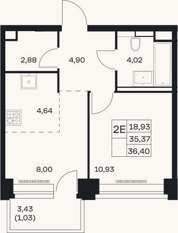 Планировка: 2-к, 35,4 м²
